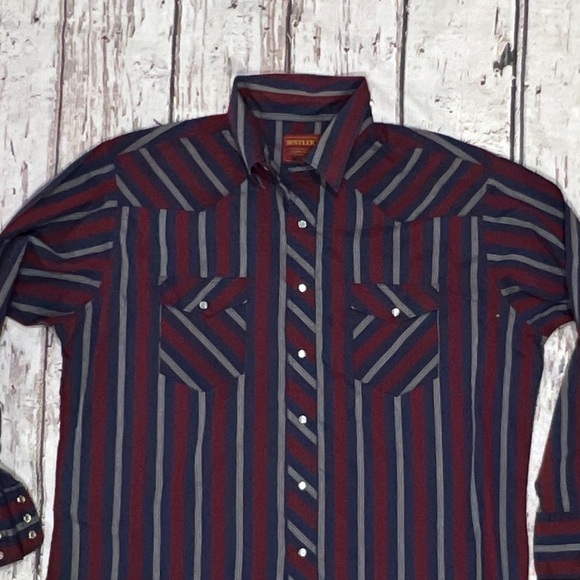 Western Mens Cowboy Striped Pearl Snap Rancher Rustler Long Sleeve Shirt - Picture 2 of 5